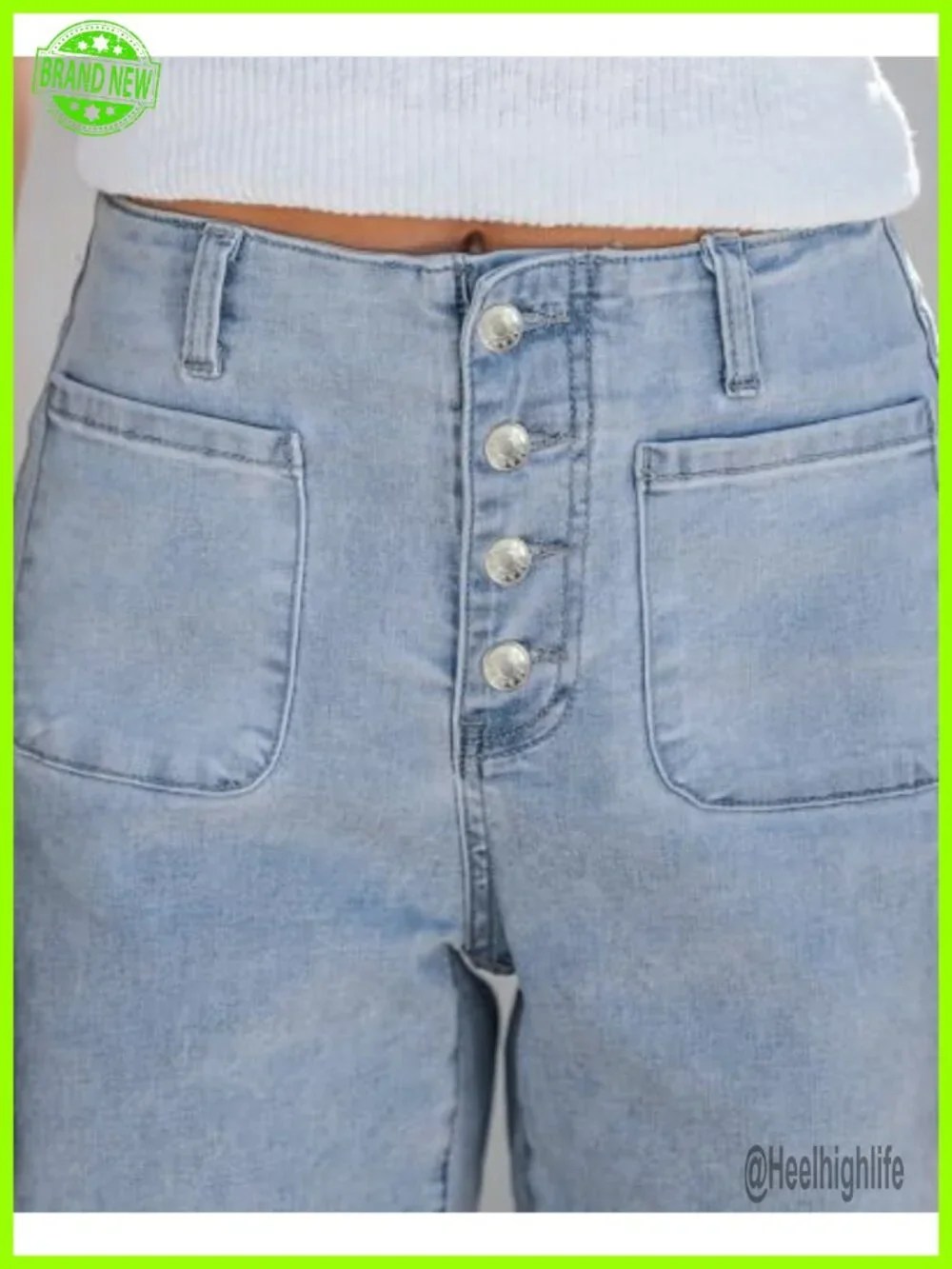 Women's Bermuda Shorts High Waisted Button Fly Patch Pocket Long Stretch Denim